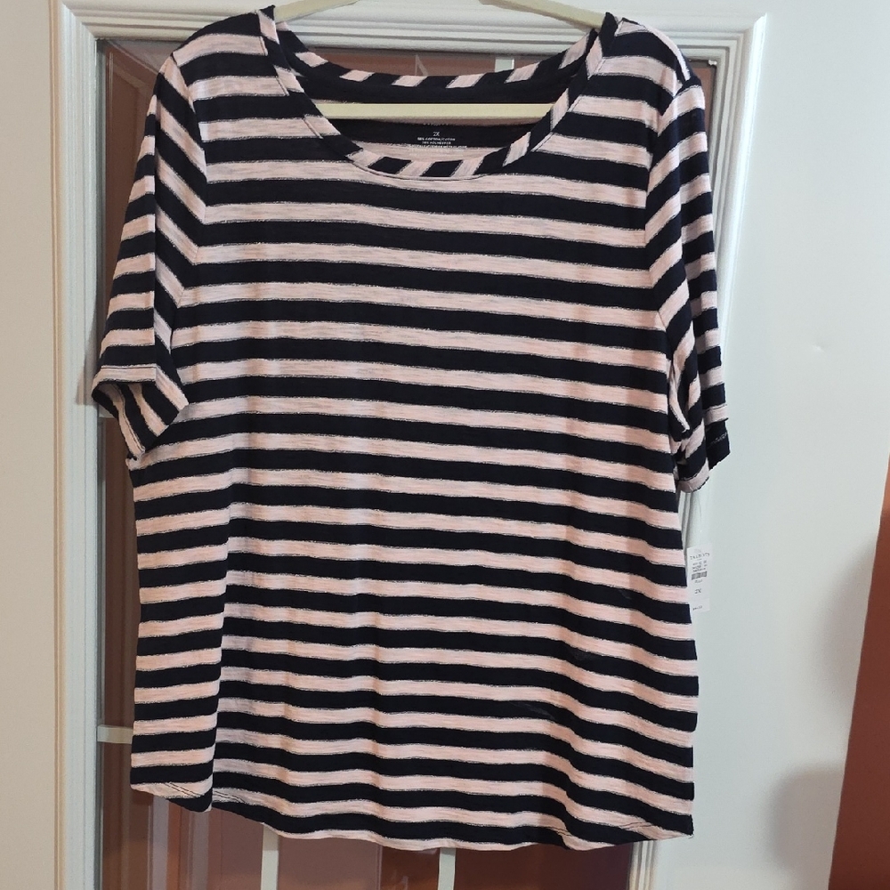 Talbots Navy And Pink  Striped Short Sleeve Tee